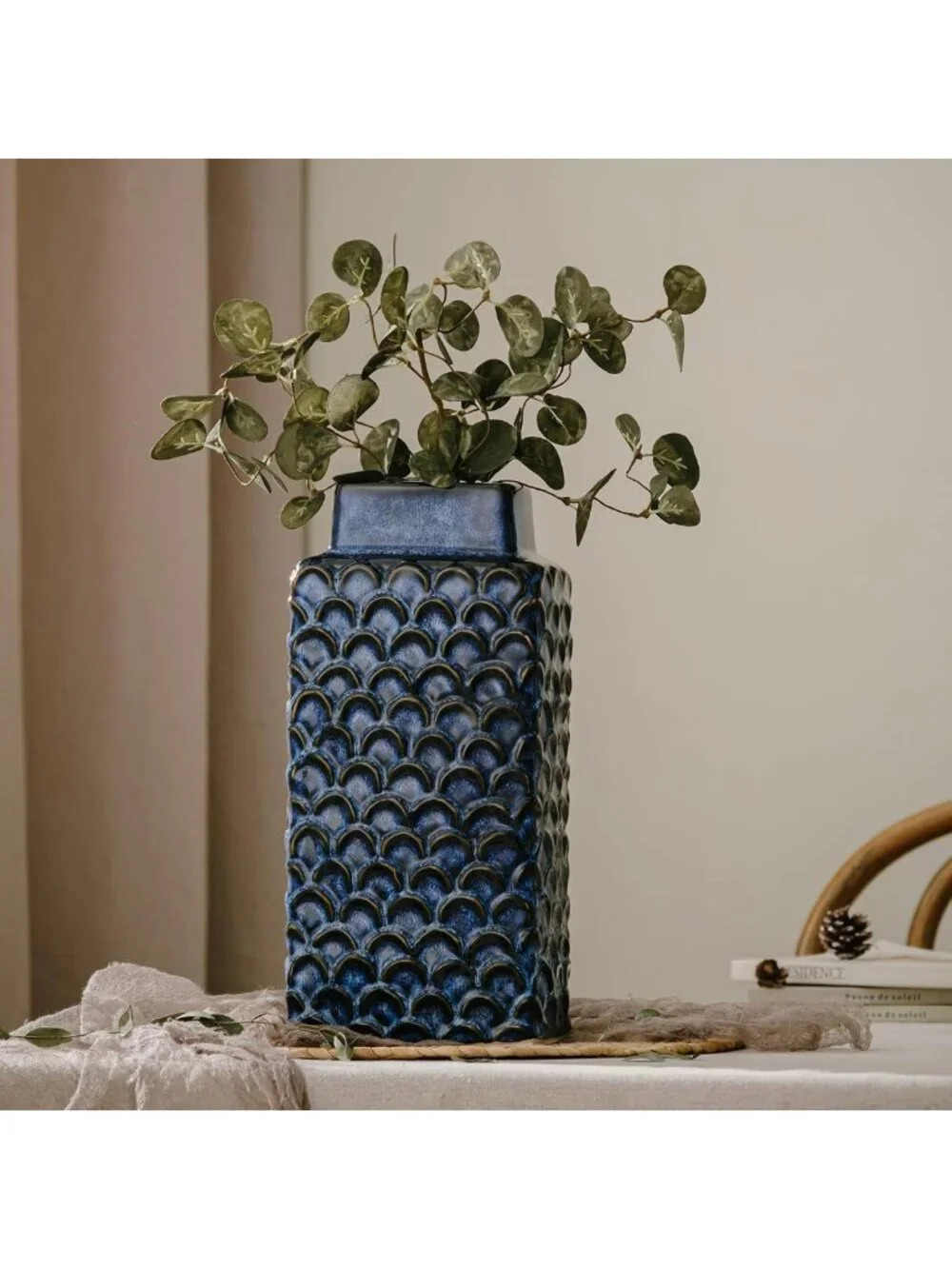 Vintage Blue Ceramic Flower Vase - 12.6